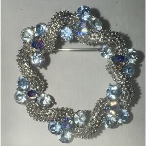 Coro Blue Aurora Borealis Silver Tone Wreath Brooch